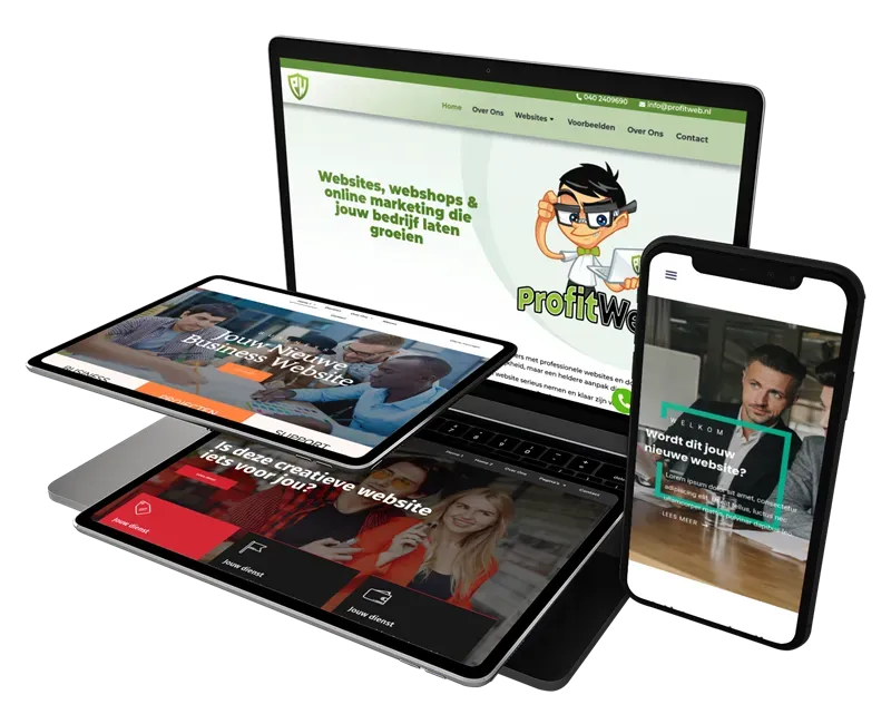 Website van ProfitWeb weergegeven op laptop, tablet en telefoon